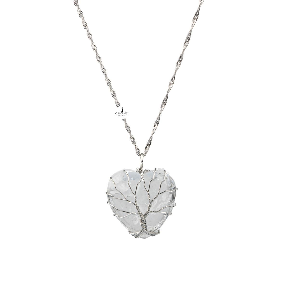 Hayat Ağacı Doğal Taş Gümüş Zincir Kolye (Tree Of Life Natural Stone Silver Chain Necklace)