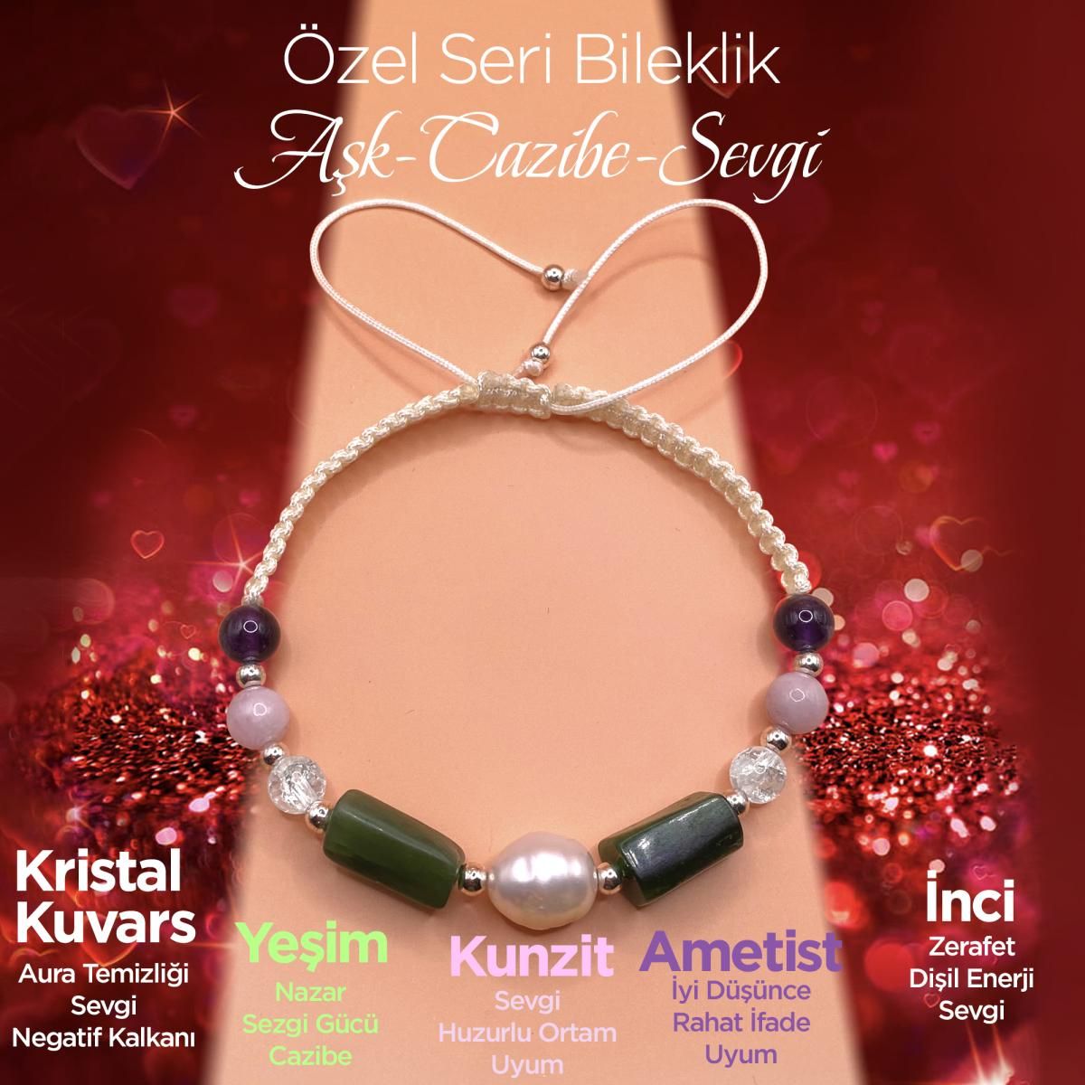 Özel Tasarım Kadın Bilekliği Cazibe-Sevgi-Aşk İnci-Kristal Kuvars-Yeşim-Ametist-Kunzit